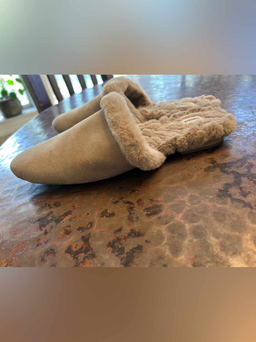 New Birdies leather & faux fur slippers size 8